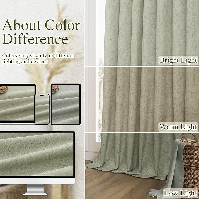 Guken 100% Blackout Linen Curtains 110 Inch Wide by 52 Inch 2 Panels Set for Living Room Bedroom Back Tab Thermal Insulated Black Out Linen Drapes Room Darkening Window Curtains, Sage Green