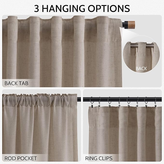 Nanspring Ecru Curtains 63 Inch Length for Living Room Linen Blend Luxury Light Filtering Semi Sheer Curtain Back Tab Rustic Decor Natural Farmhouse Elegant Boho Drapes for Bedroom 52x63, 2 Panels