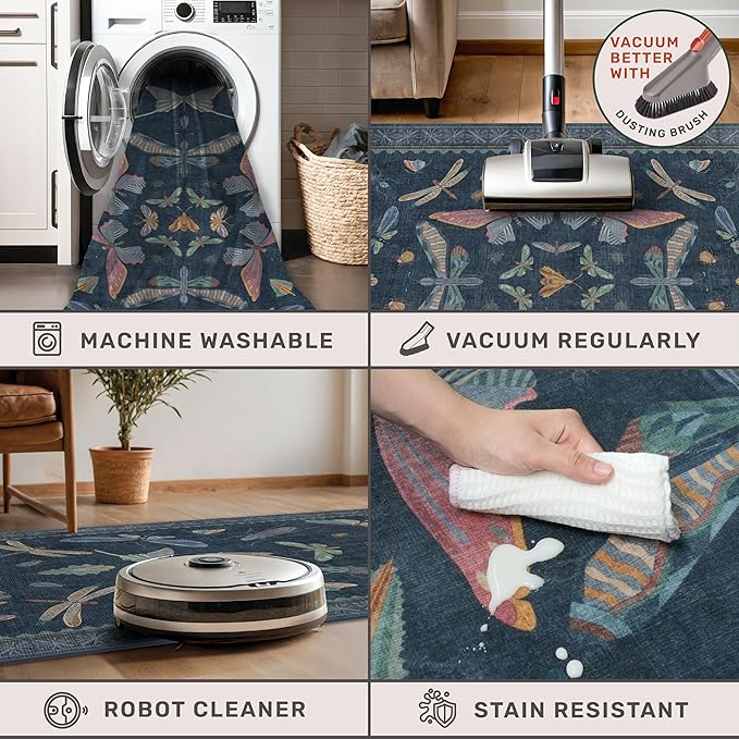 Washable 3x5 Indoor Rugs for Entryway, Non Slip Vintage Area Rug for Kitchen Floor, Laundry Room, Blue Bedroom Carpet with Insect Pattern, Dark Boho Décor Indoor, Stain Resistant Mat