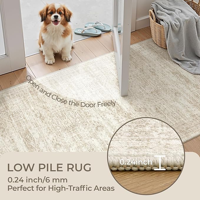 2x7 Runner Rug Non Slip, Thin Entryway Washable Rug for Entryway, Runners for Hallways, Low Pile Vintage Abstract Soft Rugs for Living Room, Kitchen, Bedroom(2'x7', Beige/Ivory)