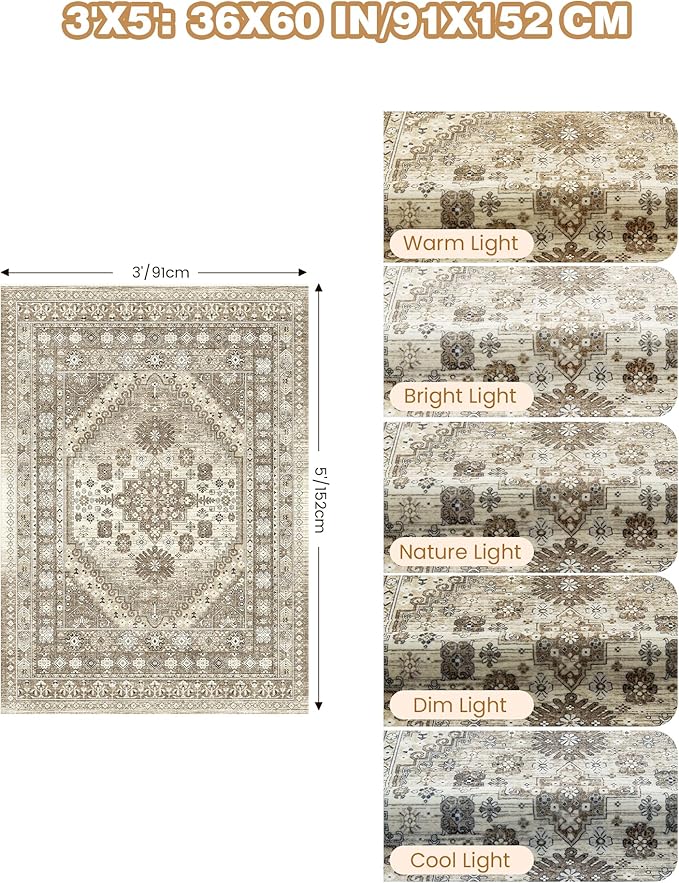 3x5 Washable Area Rug for Entryway, Kitchen Rugs Non Slip for Dining Room, Vintage Floral Soft Living Room Rug, Thin Area Rug Indoor for Bedroom, Kids Room Decor(Brown,3'x5')