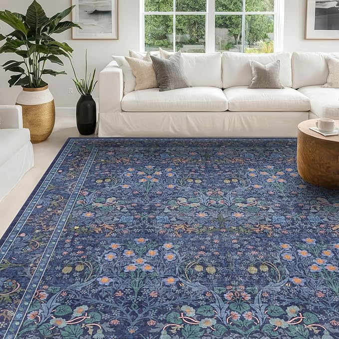 Hazo Haus Dark Blue Living Room Rug 8x10, Vintage Floral Washable Area Rugs for Bedroom, Dining Room Under Kitchen Table, Oriental Low Pile Stain Resistant Non-Slip Large Navy Decor
