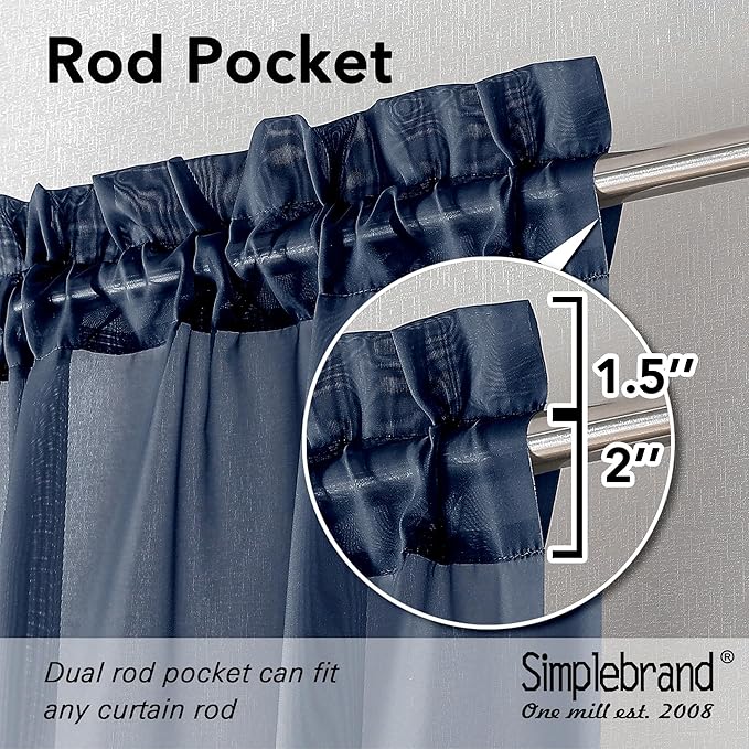 Simplebrand Navy Valances 14 Inches Long for Living Room Pocket 2 Panel Light Filtering Sheer Translucent Valence Toppers for Window Kitchen Bathroom Bedroom 42x14 Inch Length