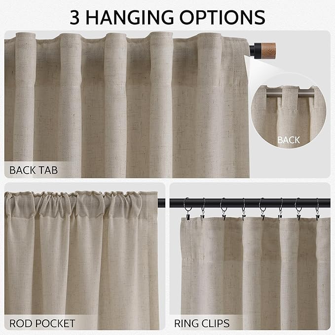 Nanspring Living Room Curtains 63 Inch Length Linen Blend Cobblestone Light Filtering Semi Sheer Curtain Back Tab and Rod Pocket Modern Farmhouse Decor Elegant Drapes for Bedroom 52x63, 2 Panels