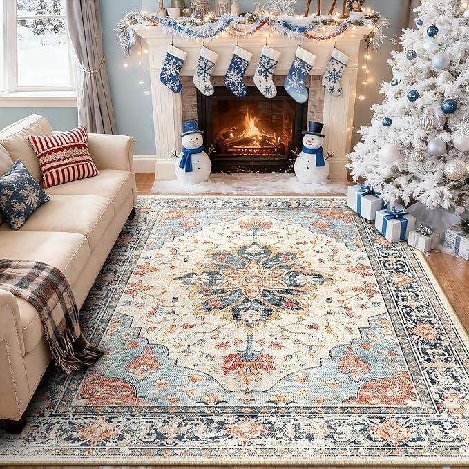 Area Rugs 5'x8' Washable Non-Slip, Floral Vintage Distress Print Pattern Medallion Carpet for Living Room Bedroom Dining Room, Beige Navy Blue Orange Colorful