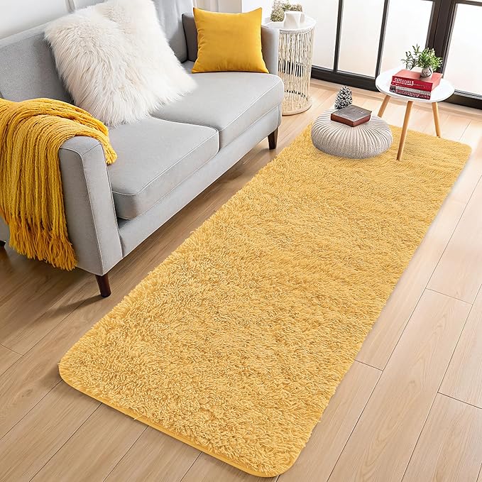 OLANLY 2x5 Machine Washable Runner Rugs for Hallway, Soft Fluffy Shaggy Bedside Rugs for Bedroom, Living Room, Indoor Floor Carpet for Kids Girls and Boys, Home Decor Aesthetic, Mustard Yellow