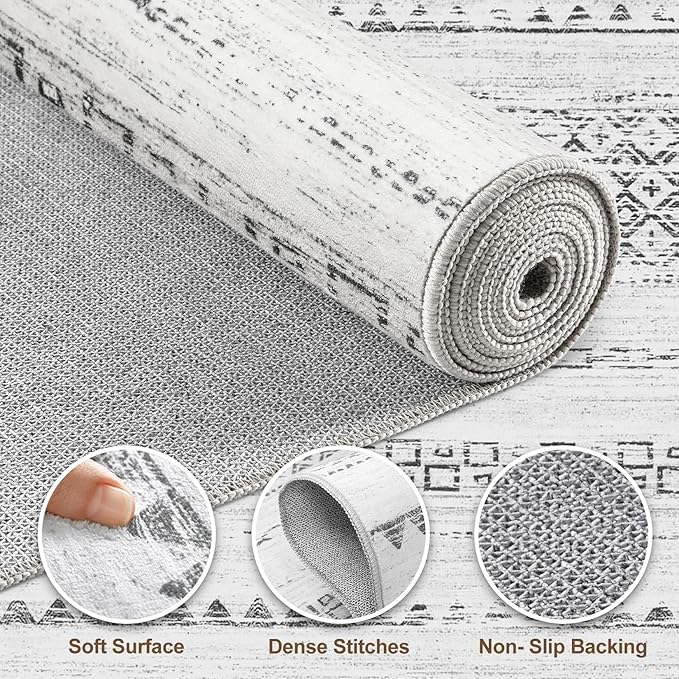 Nakagishi 7x9 Area Rug Living Room: Washable Boho Large Neutral Modern Soft Farmhouse Rugs Stain Resistant Indoor Floor Non-Slip Carpet for Bedroom Nursery Kids Playroom Office Dining Room- Gray