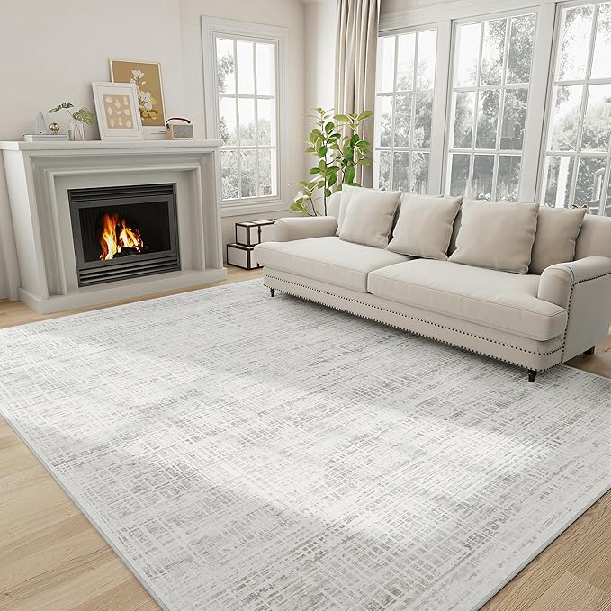 5x7 Area Rugs Washable Rug: Anti-Skid Abstract Modern Living Room Rug Soft Thin Carpets Indoor Floor Non-Shedding Carpet for Bedroom Dining Farmhouse Nursery Home Office (White Gray, 5'x7')