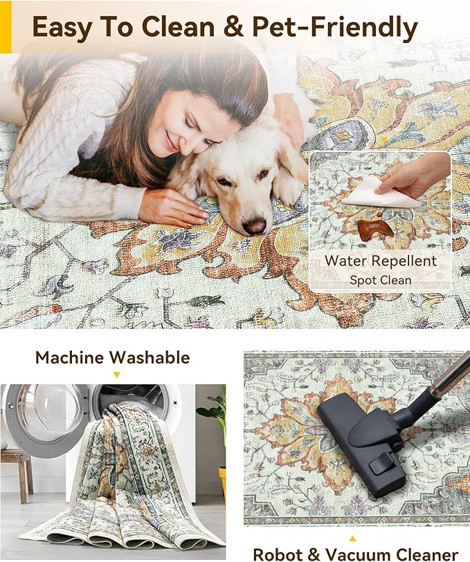 RELEANY Area Rugs 2'x3' Washable Non-Slip, Floral Vintage Distress Print Pattern Medallion Carpet for Living Room Bedroom Dining Room, Light Yellow Carbon Grey Orange