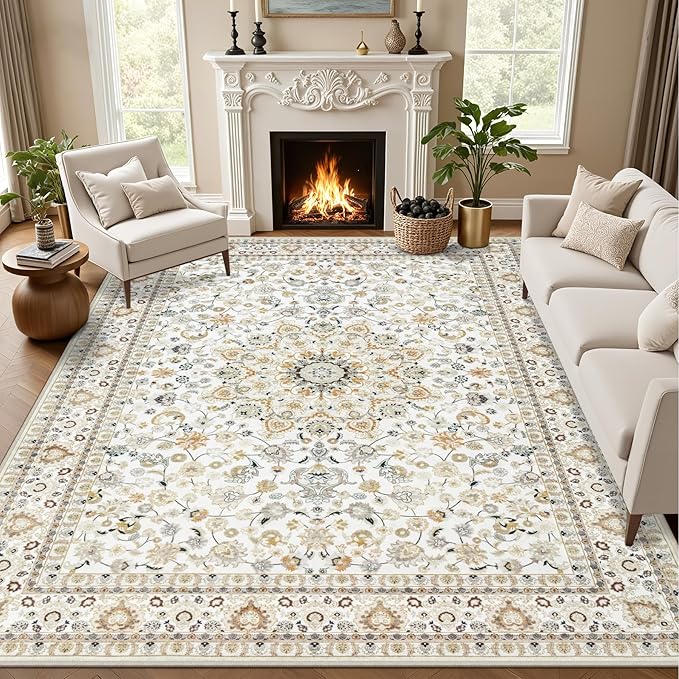8x10 Area Rugs for Living Room: Washable Rug Soft Vintage Boho Carpet Indoor Floor Non-Slip Stain Resistant Floral Large Carpets for Bedroom Dining Room Farmhouse Nursery Home Office Beige