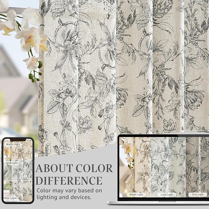 jinchan Floral Curtains 63 Inch Length Black Flower Linen Farmhouse Curtain for Living Room French Country Vintage Curtain Rod Pocket Curtains Set 2 Panels Balck Floral Printed