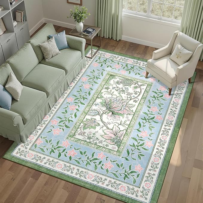 GarveeHome Blue Green Pink Area Rugs 9x12 Living Room, Botanical Grove Cottage core Washable Non-Slip Rug for Bedroom Dining Nursery Low-Pile Vintage Large Soft Carpet