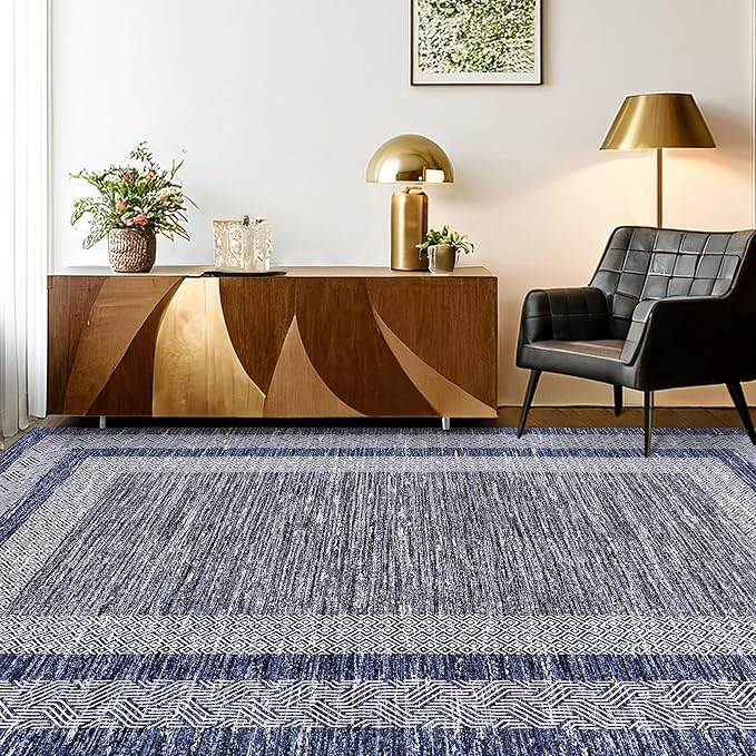 GarveeHome 2x6 Modern Bordered Runner Rug Soft Non Slip Runner Washable Non Shedding Floor Carpet, Distressed Geometric Hallway Runner, Indoor Printed Runner for Kitchen, Entrance, Blue