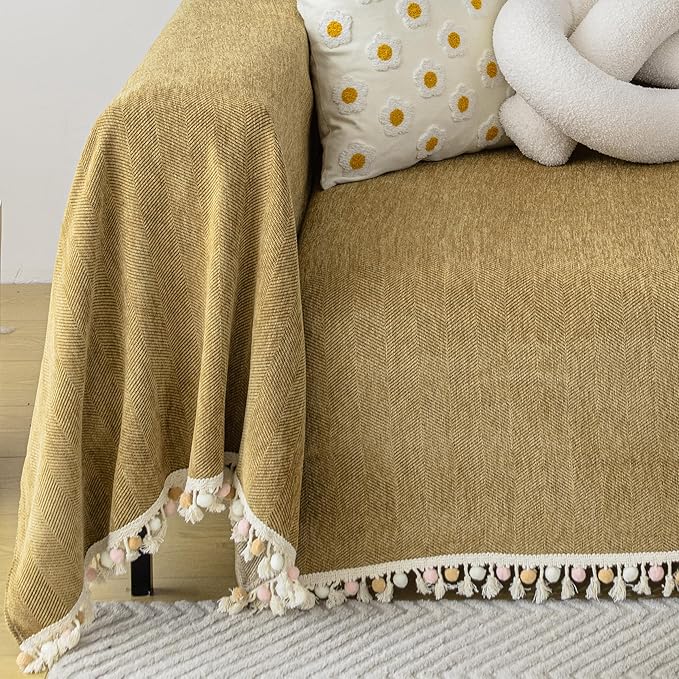HANDONTIME Couch Covers for Pets Boho Mustard Yellow Love Seat Couch Covers Brown Sofa Cover for Dogs Pet Couch Protector Chenille Tassel Sofa Slipcovers Sofa Throw Cover Boho Decor, 91" X150"