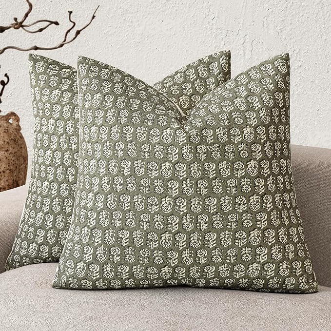 Foindtower Set of 2 Decorative Vintage Floral Print Throw Pillow Covers Neutral Modern Farmhouse Cushion Covers Boho Home Decor for Sofa Couch Chair Bedroom Living Room,24×24 Inch,Sage Green