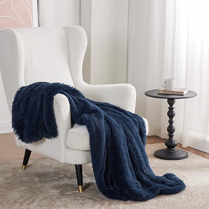 Bedsure GentleSoft Fuzzy Faux Fur Twin Blanket, Navy Blue Cozy Gifts for Men, Soft Sherpa Fleece Plush Warm Minky Thick Blanket Twin Size for Bed, Navy Dorm Decor Blue Gifts for Boys, 60x80
