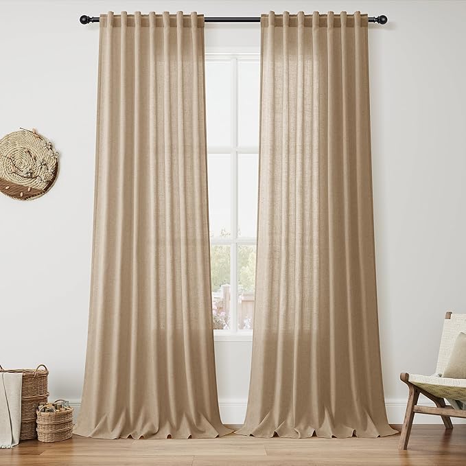 Sand Beige Linen Curtains for Living Room 98 Inches Long Simple Modern Light Filtering Semi Sheer Curtain Back Tab Rustic Farmhouse Luxury Home Decor Drapes for Bedroom Dinner Room 52x98, 2 Panels