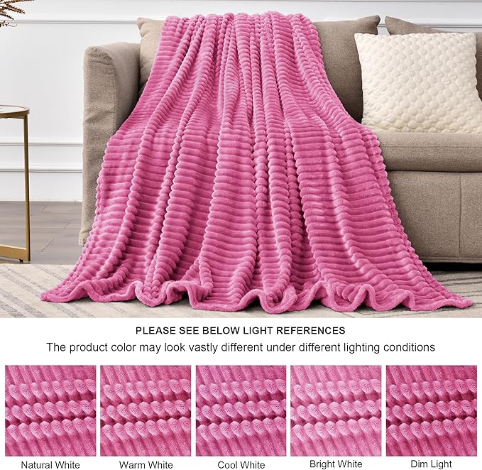 BEDELITE Fleece Blanket Queen Size – 3D Ribbed Jacquard Soft and Warm Decorative Fuzzy Blankets – Cozy, Fluffy, Plush Lightweight Throw Blankets for Couch, Bed, Sofa(Hot Pink, 90x90 inches)