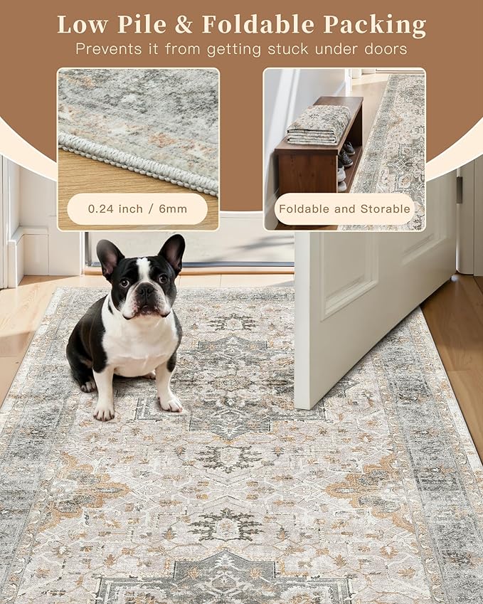 Madane Hallway Runner Rug 2x12, Long Washable Runner Rugs 12ft with Rubber Backing, Non Slip Carpet Runner, Vintage Rug Runners for Kitchen Laundry Room Entryway (Light Taupe Brown, 2'x12')