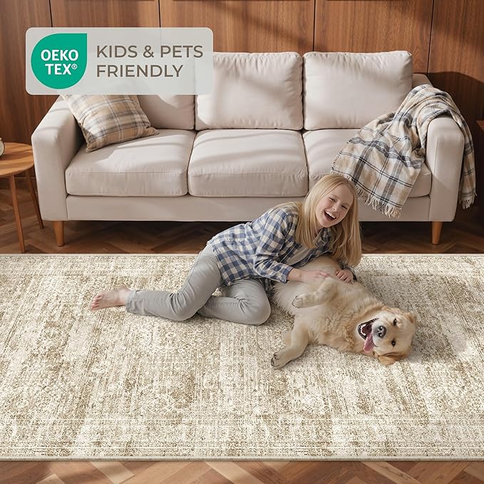 3x14 Washable Runner Rug for Hallway, Non-Slip Long Hallway Runner for Entryway, Soft Vintage Kitchen Mats for Floor, Abstract Dining Room, Bedroom, Living Room Rugs(3'x14', Brown/Ivory)