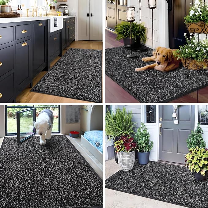 Mibao Front Door Mat, Dirt Trapper Welcome Mat for Outdoor Indoor, Non-Slip Waterproof Doormat, Durable Machine Washable Low Profile Entry Rug for Back Door Outside Patio Porch, 48" x 36", Black