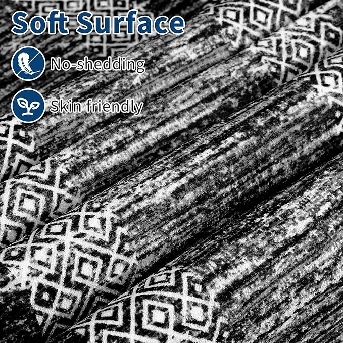 GarveeHome Extra Large Area Rug 10x13 Modern Geometric Rug with Non Slip Rubber Backing, Thin Washable Foldable Carpets, Soft Low Pile Non Shedding Printed Floor Mats for Hotel Office, Black