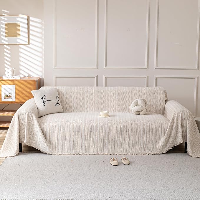 Boho Chenille Couch Cover for Dogs, Non Slip Sofa Cover, Couch Slipcover Covers for 3 Cushion, Furniture Protector with Tassels for Pets Washable, 71"x118", Fishbone Beige