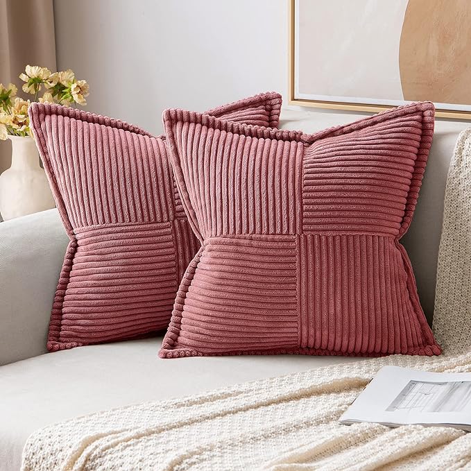 MIULEE Decorative Throw Pillow Covers for Couch Bed Livingroom 16x16 Inch Set of 2 Cranberry Red Boho Accent Throw Pllows Broadside Striped Patchwork Soft Corduroy Pillowcases