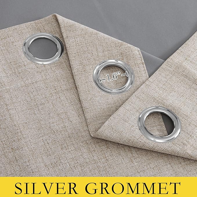 NICETOWN Oatmeal 100% Blackout Short Curtains 63 inches Lenghth Burg for Kitchen, 2 Panels, Burlap Linen Drapes with Thermal Insulated Grey Liner, Keeping Out Cold Air and Heat Panels