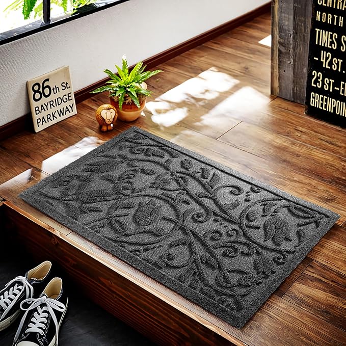 Boho Grey Floral Leaves Outdoor Indoor Entrance Doormats, Absorbent Durable Heavy Duty Welcome Front Door Mat,Thick Natural Rubber Back,Easy Clean Entryway Mat 23x35 Inch, Low Profile