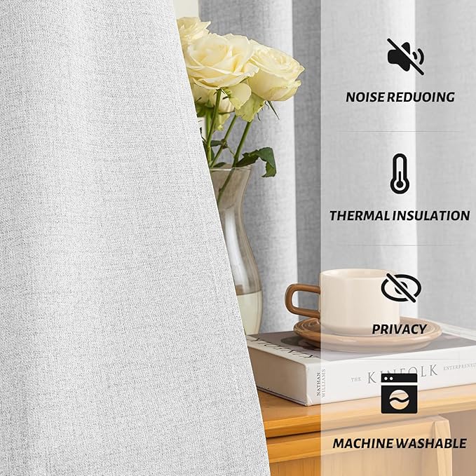 Yakamok White Linen Curtains 100% Blackout 63 Inches Long,Room Darkening Textured Curtains for Living Room Thermal Grommet Bedroom 2 Panels with Greyish White Liner