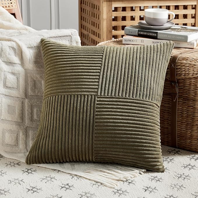 Fancy Homi 2 Packs Olive Green Decorative Throw Pillow Covers 18x18 Inch for Living Room Couch Bed Sofa, Rustic Farmhouse Boho Home Decor, Soft Corss Corduroy Patchwork Textured Cushion Case 45x45 cm