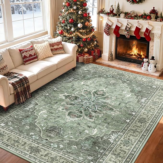 Area Rugs 9'x12' Washable Non-Slip, Floral Vintage Distress Print Pattern Medallion Carpet for Living Room Bedroom Dining Room, Dark Green Gray