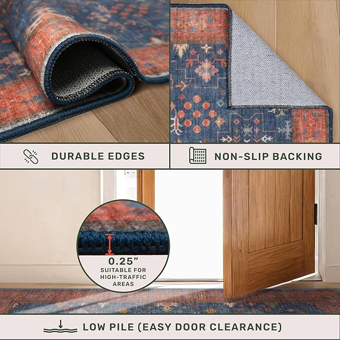 Hazo Haus Washable 2x4 Entry Rug Front Door Indoor, Farmhouse Small Area Rugs for Kitchen, Bathroom, Entrance, Non Slip Rubber Backed, Perfect for Boho Décor (2x4 Navy Blue)