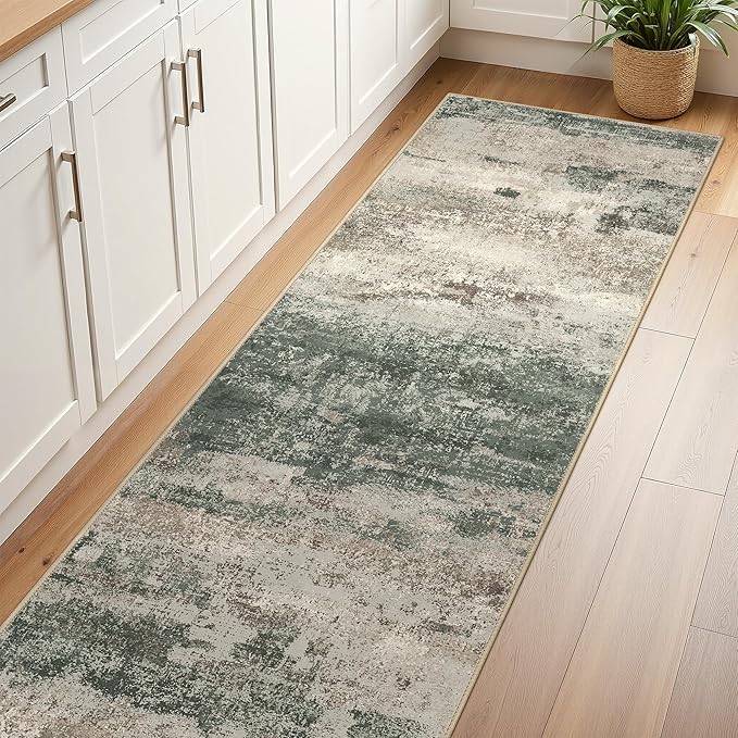 Runner Rug for Hallway Kitchen, 2'6"x6' Machine Washable Runners Rug for Entryway, Soft Modern Abstract Throw Rugs, Low Pile Floor Cover with Non Slip Backing, Grey/Dark Green