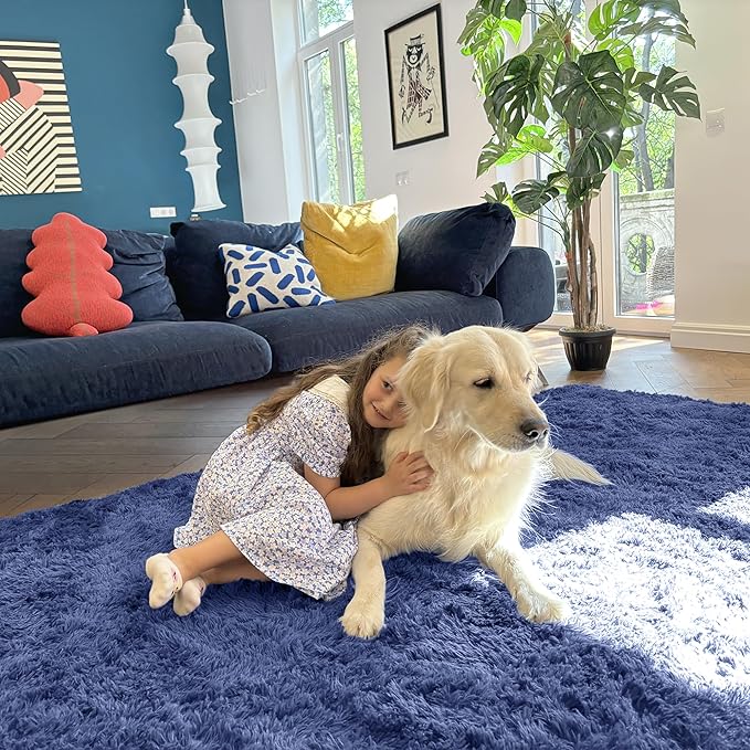 OLANLY 8x10 Machine Washable Large Area Rugs for Living Room, Bedroom, Soft Fluffy Shaggy Bedside Rug, Indoor Floor Carpet for Kids Girls and Boys, Dorms, Nursery, Home Decor Aesthetic, Denim Blue