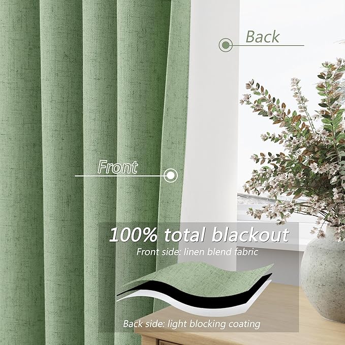 Guken 100% Blackout Linen Curtains 100 Inch Length 2 Panels Set for Living Room Bedroom Back Tab Thermal Insulated Black Out Linen Drapes Room Darkening Window Curtains,Light Sage