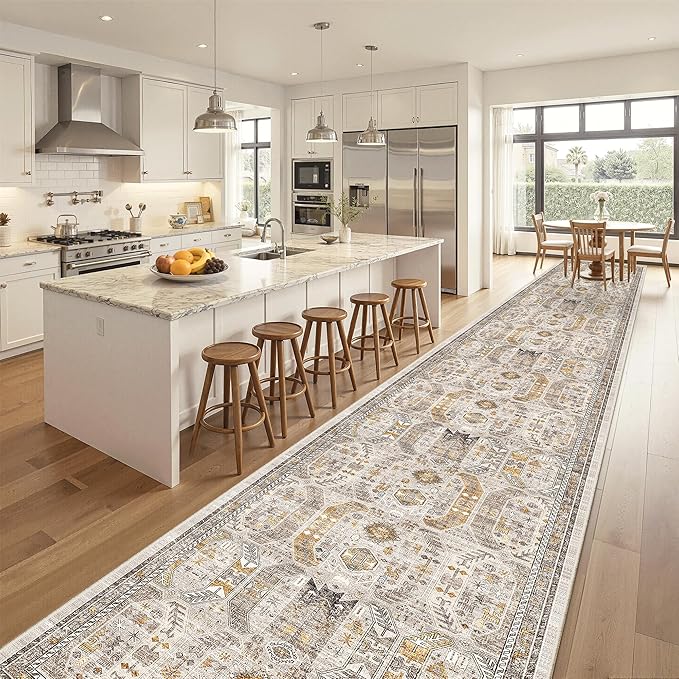 Madane Hallway Runner Rug 3x18 - Kitchen Rugs 18ft Washable Entryway Rug Vintage Kitchen Runners Non Slip Indoor Area Rug Farmhouse Carpet Runner for Bathroom Living Room Bedroom, Brown/Gold