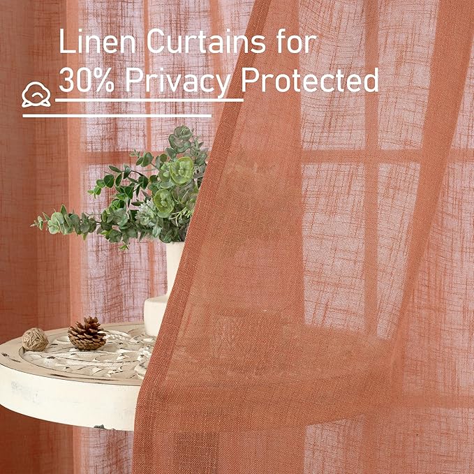 LAMIT Terracotta Linen Semi Sheer Curtains 63 Inch for Bedroom, Light Filtering Neutral Window Curtains Farmhouse Boho Back Tab and Rod Pocket Panels, 2 Panels, 38 x 63 Inch