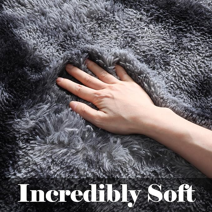 ONASAR 8x10 Area Rugs for Living Room, Tie-Dyed Dark Grey Fluffy Shag Large Bedroom Rug, Black Gray Soft Plush Thick Floor Big Indoor Carpet for Nursery Kids Boys Girls Teen Dorm Home Decor