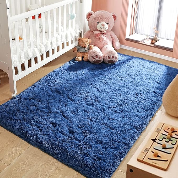 LOCHAS Ultra Soft Indoor Modern Area Rugs Fluffy Living Room Carpets for Children Bedroom Home Decor Nursery Rug 5.3x7.5 Feet, Light Navy