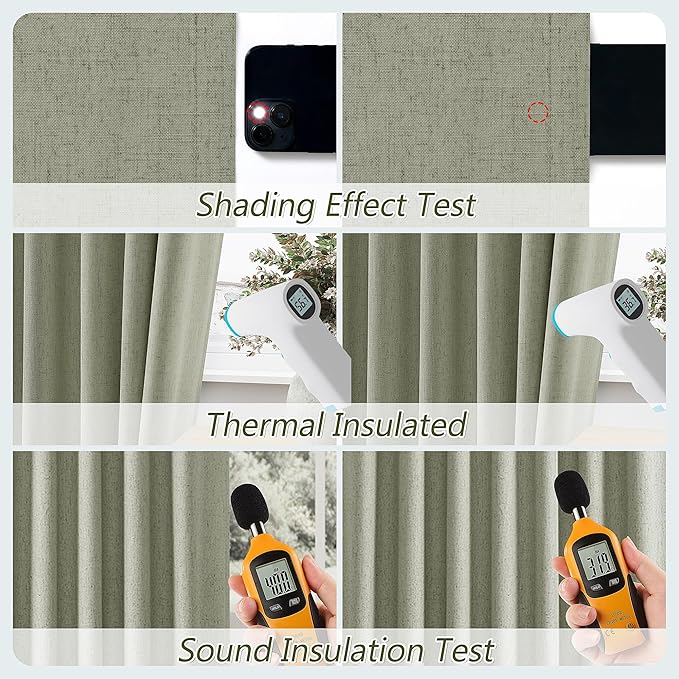 Sage Green 100% Blackout Linen Curtains 72 Inch Length 2 Panels Set for Living Room Bedroom Back Tab Thermal Insulated Black Out Drapes Room Darkening Farmhouse Window Curtains 72 Inches Long