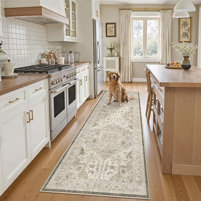 Madane Washable Runner Rug 2x7, Hallway Laundry Room Kitchen, Non Slip Rug Runners with Rubber Backing, Non Skid Stain-Resistant Non Shedding Durable Vintage Runners (2'x7', Ivory/Brown)