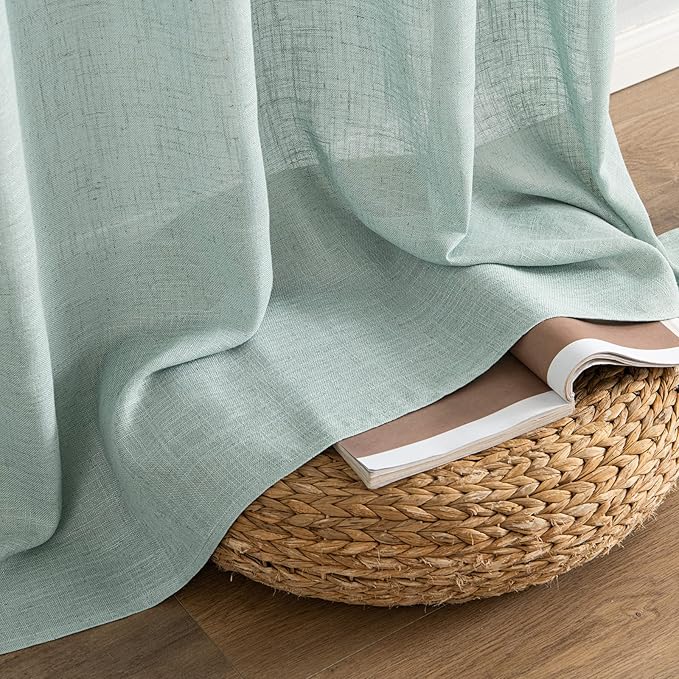 MIULEE Sea Green Linen Curtains 96 Inch Long for Bedroom Living Room, Soft Thick Linen Textured Window Drapes Semi Sheer Light Filtering Back Tab Rod Pocket Burlap Look Aqua Decor, 2 Panels