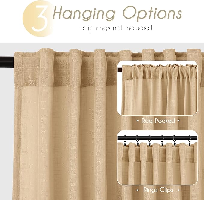 Tan Linen Curtains 72 inches Long for Living Room Back Tab Rustic Farmhouse Semi Sheer Light Filtering Window Curtain Dining Room Soft Thick Flax Linen Textured Drapes Kahki 52x72