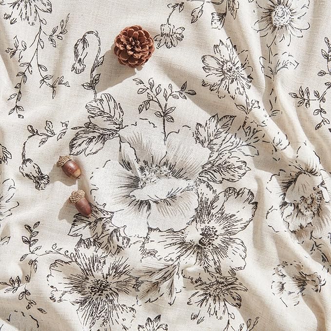 jinchan Linen Blend Curtain Floral Curtains for Living Room 96 Inch Length Black Printed Curtain Rod Pocket Back Tab Farmhouse Peony Flower Patterned Drapes Bedroom Window Curtains Set 2 Panels