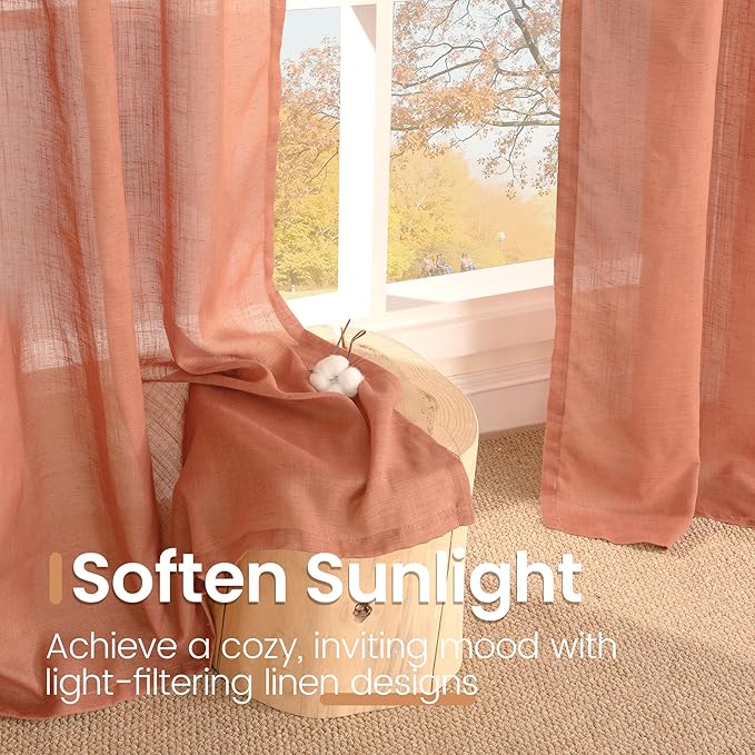 BGment Rust Terracotta Linen Kitchen Window Curtains 40 Inch Length, Short Burnt Orange Drapes Semi Sheer for Cafe Over Sink Bathroom Decor with Rod Pocket Lightweight, 2 Panels Set, Each 42 Inch Wide