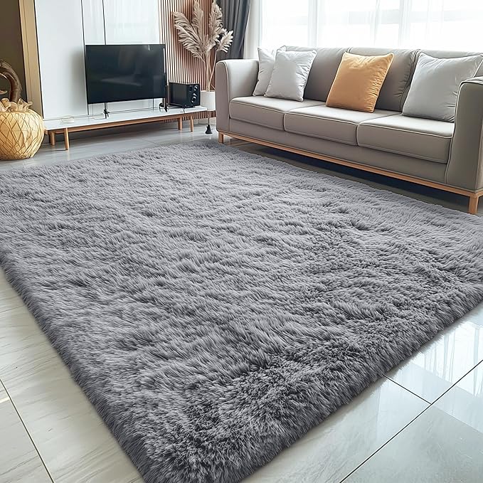 OLANLY 5x5 Area Rugs for Living Room Bedroom, Machine Washable Soft Fluffy Shaggy Bedside Rug, Indoor Floor Carpet for Kids Girls and Boys, Dorms, Nursery Rooms, Home Decor Aesthetic, Light Grey