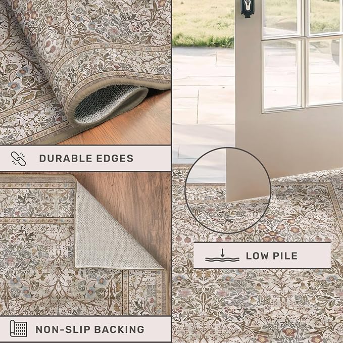 Hazo Haus Non Slip 2x7 Moss Green Hallway Runner - Long Runner Rugs for Bathroom, Washable Kitchen Floor Mat, Bedroom Bedside - Brown Earthy Vintage Floral Décor