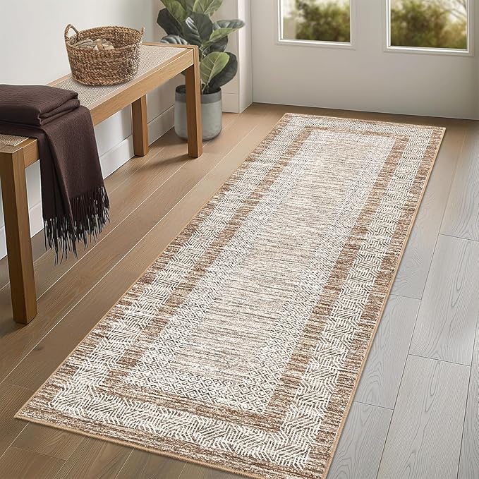 Washable 2.5x10 Kitchen Runner Rug, Easy Clean Geometri Rugs for Hallway Entryway, Indoor Outdoor Non Slip Rug Farmhouse Morden Carpet Door Mat Area Rug for Laundry Room Brown